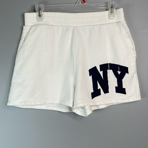 Zara NY Varsity Sweat Shorts White Navy Blue Elastic Waistband High Waist Size L - Picture 11 of 11